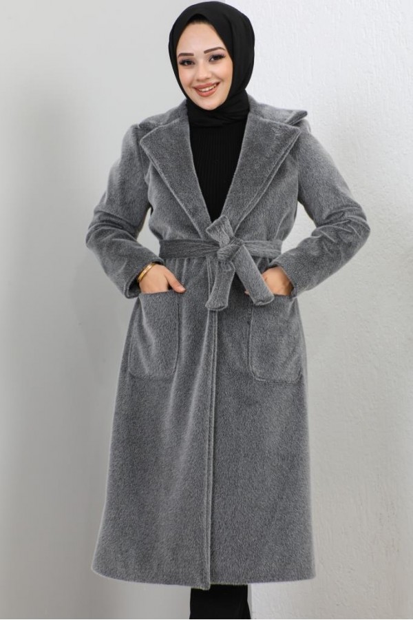 Beli Kuşaklı Kürk Kaban Antrasit 1069 Beli Kuşaklı Kürk Kaban Antrasit 1069