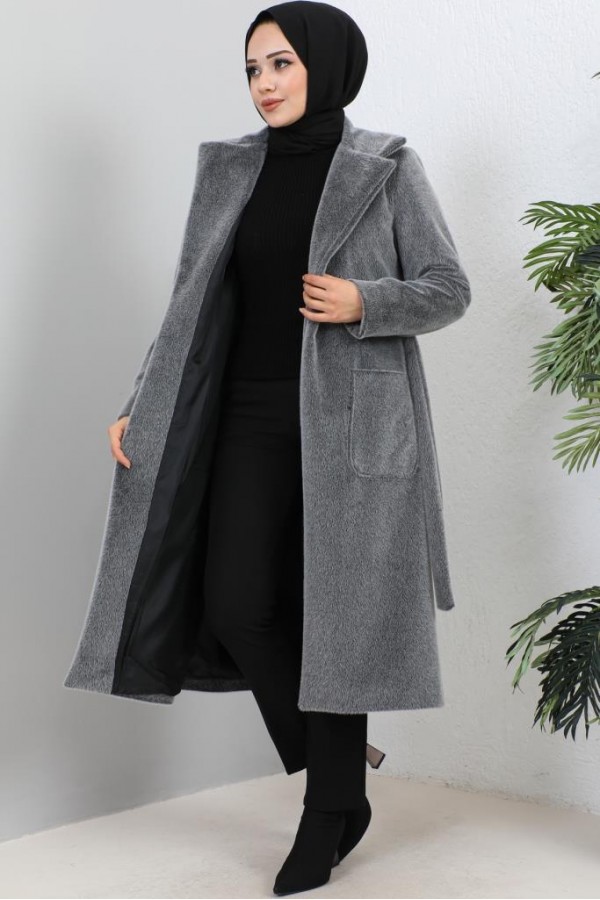 Beli Kuşaklı Kürk Kaban Antrasit 1069 Beli Kuşaklı Kürk Kaban Antrasit 1069