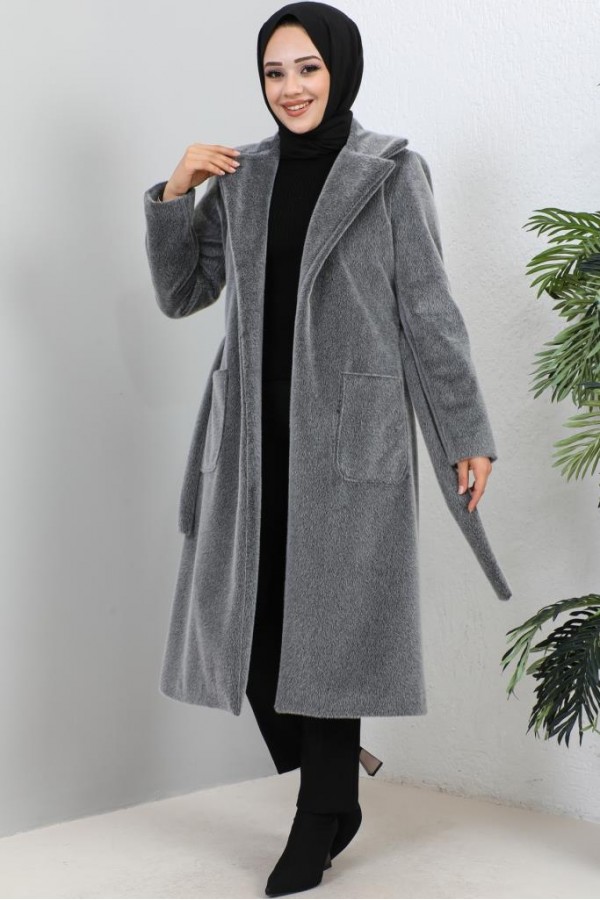 Beli Kuşaklı Kürk Kaban Antrasit 1069 Beli Kuşaklı Kürk Kaban Antrasit 1069