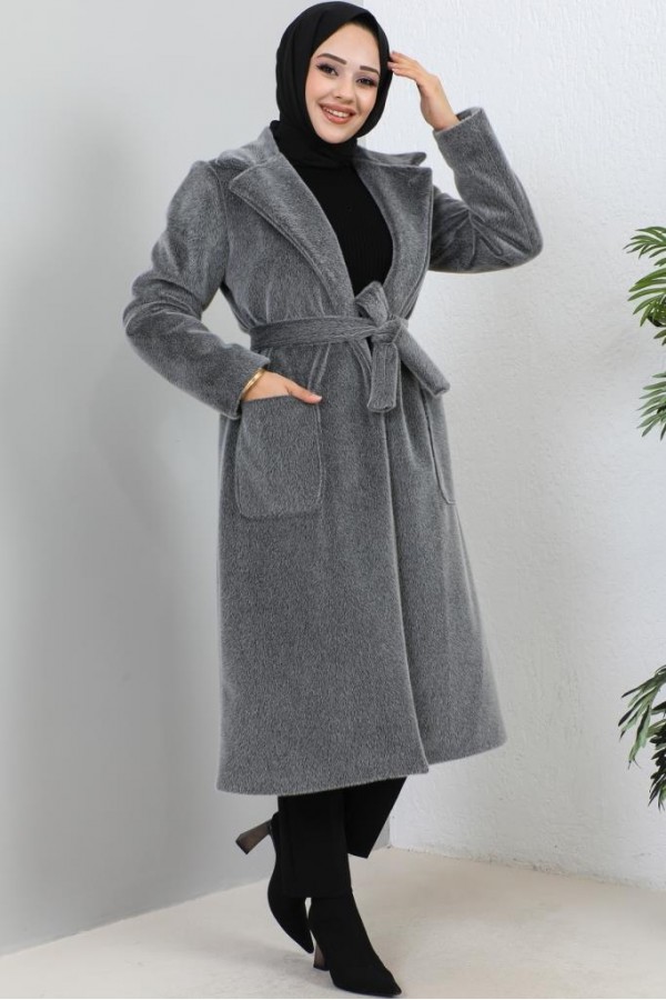 Beli Kuşaklı Kürk Kaban Antrasit 1069 Beli Kuşaklı Kürk Kaban Antrasit 1069