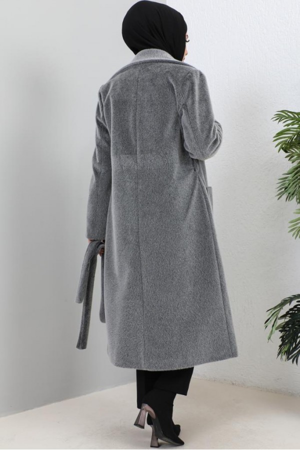 Beli Kuşaklı Kürk Kaban Antrasit 1069 Beli Kuşaklı Kürk Kaban Antrasit 1069