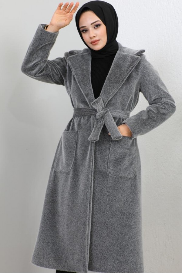 Beli Kuşaklı Kürk Kaban Antrasit 1069 Beli Kuşaklı Kürk Kaban Antrasit 1069