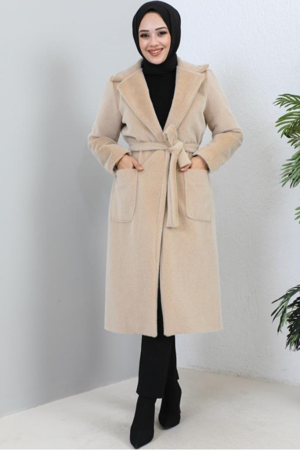 Beli Kuşaklı Kürk Kaban Bej 1069 Beli Kuşaklı Kürk Kaban Bej 1069