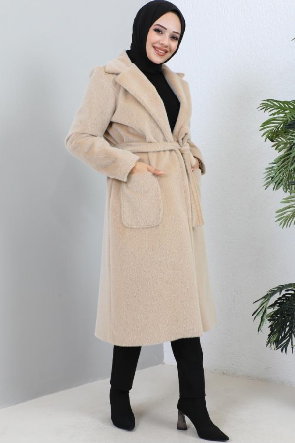 Beli Kuşaklı Kürk Kaban Bej 1069 Beli Kuşaklı Kürk Kaban Bej 1069