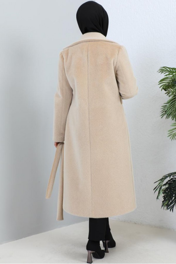 Beli Kuşaklı Kürk Kaban Bej 1069 Beli Kuşaklı Kürk Kaban Bej 1069