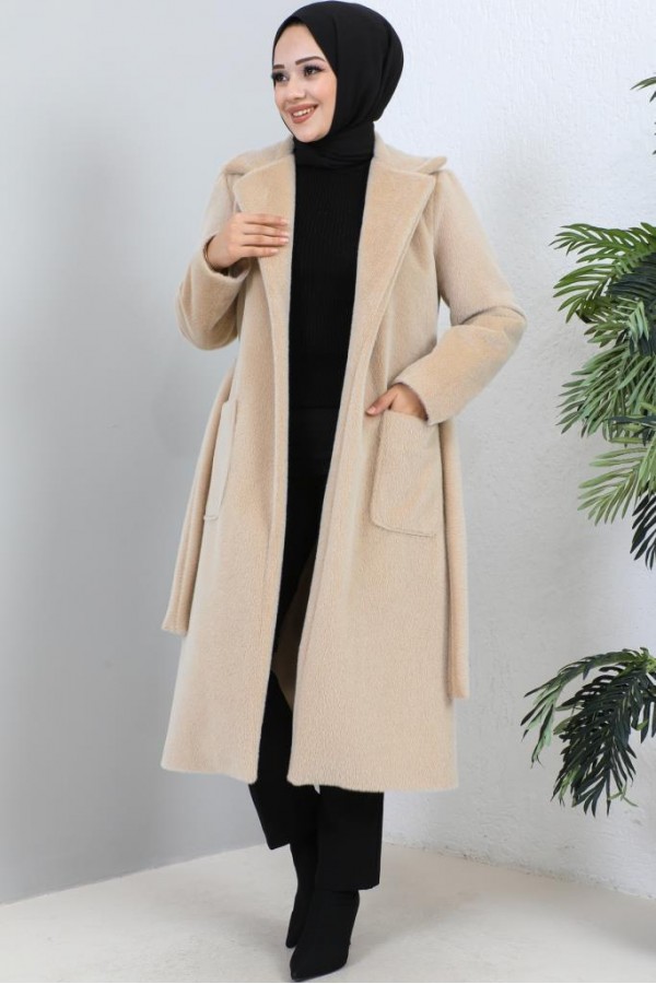 Beli Kuşaklı Kürk Kaban Bej 1069 Beli Kuşaklı Kürk Kaban Bej 1069