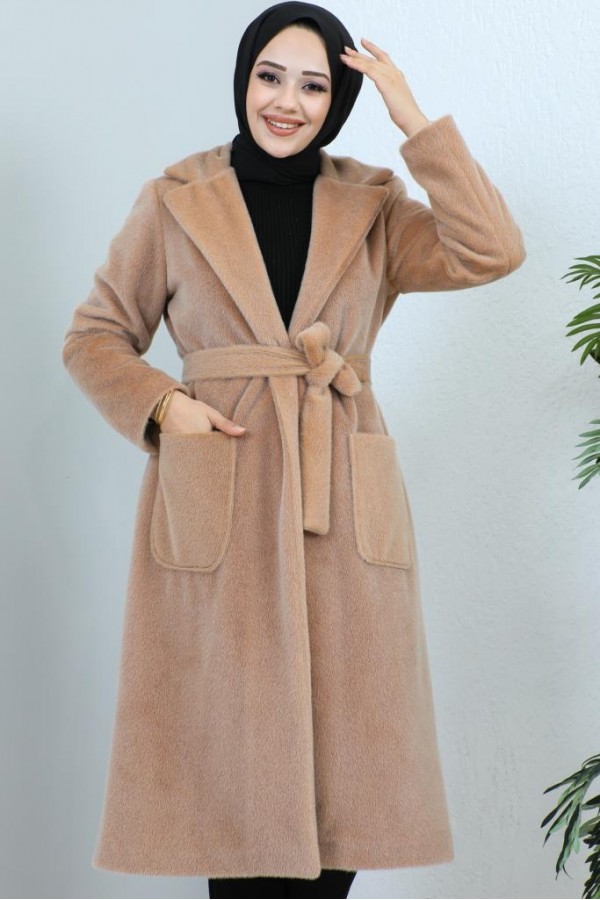 Beli Kuşaklı Kürk Kaban Camel 1069 Beli Kuşaklı Kürk Kaban Camel 1069