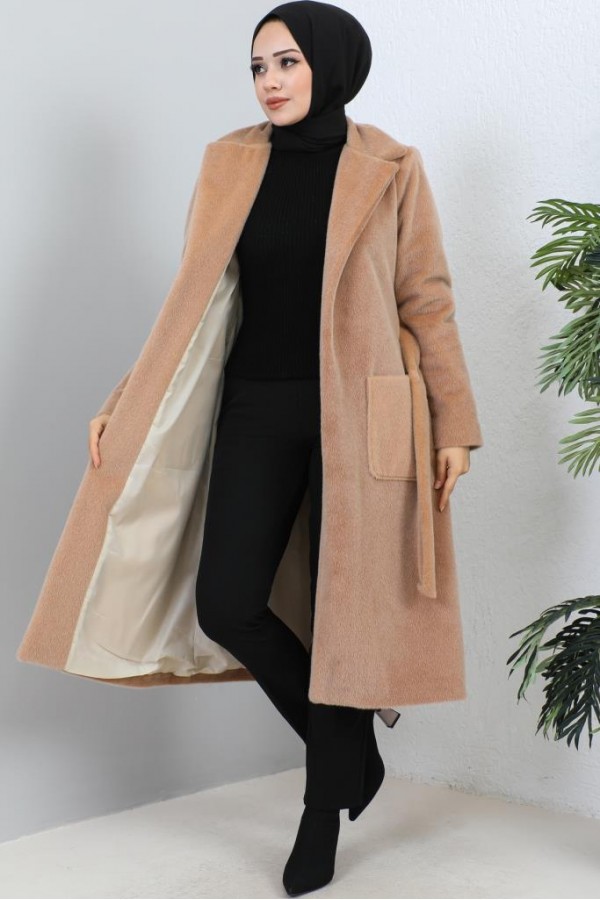 Beli Kuşaklı Kürk Kaban Camel 1069 Beli Kuşaklı Kürk Kaban Camel 1069