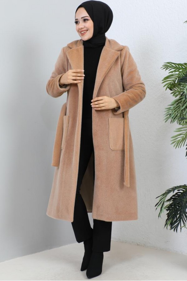 Beli Kuşaklı Kürk Kaban Camel 1069 Beli Kuşaklı Kürk Kaban Camel 1069