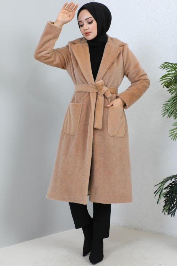 Beli Kuşaklı Kürk Kaban Camel 1069 Beli Kuşaklı Kürk Kaban Camel 1069