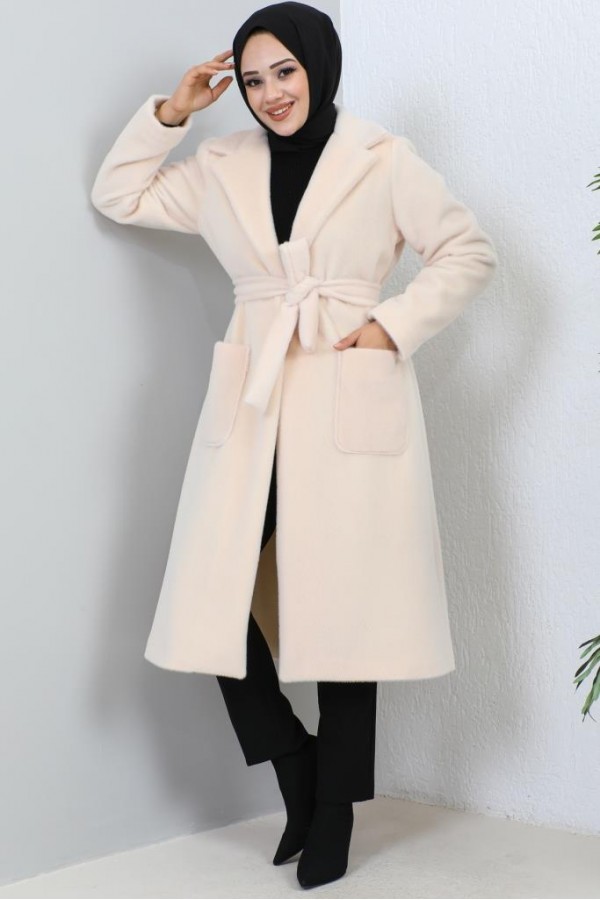 Beli Kuşaklı Kürk Kaban Pudra 1069 Beli Kuşaklı Kürk Kaban Pudra 1069