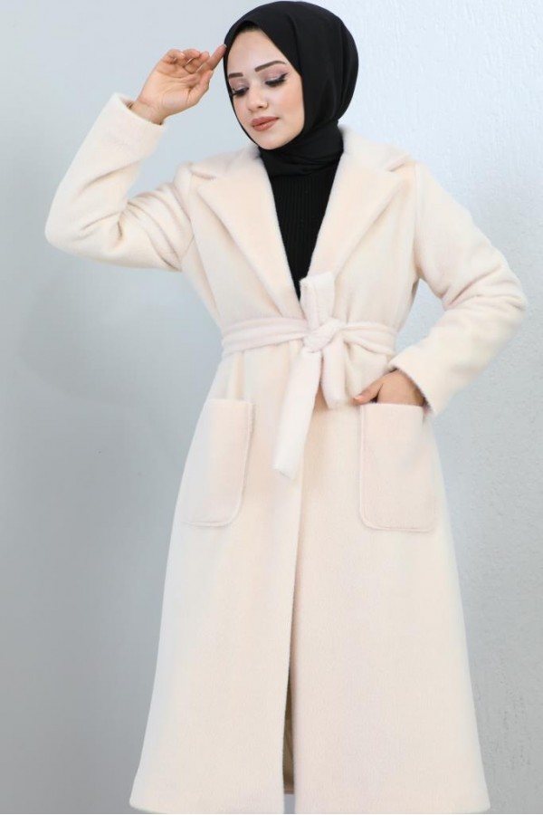 Beli Kuşaklı Kürk Kaban Pudra 1069 Beli Kuşaklı Kürk Kaban Pudra 1069