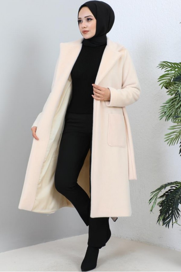 Beli Kuşaklı Kürk Kaban Pudra 1069 Beli Kuşaklı Kürk Kaban Pudra 1069