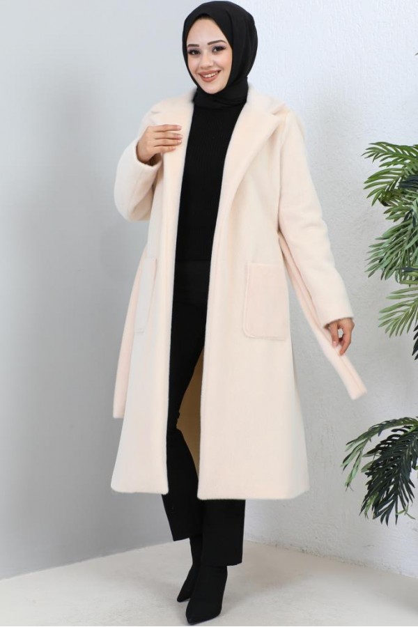 Beli Kuşaklı Kürk Kaban Pudra 1069 Beli Kuşaklı Kürk Kaban Pudra 1069