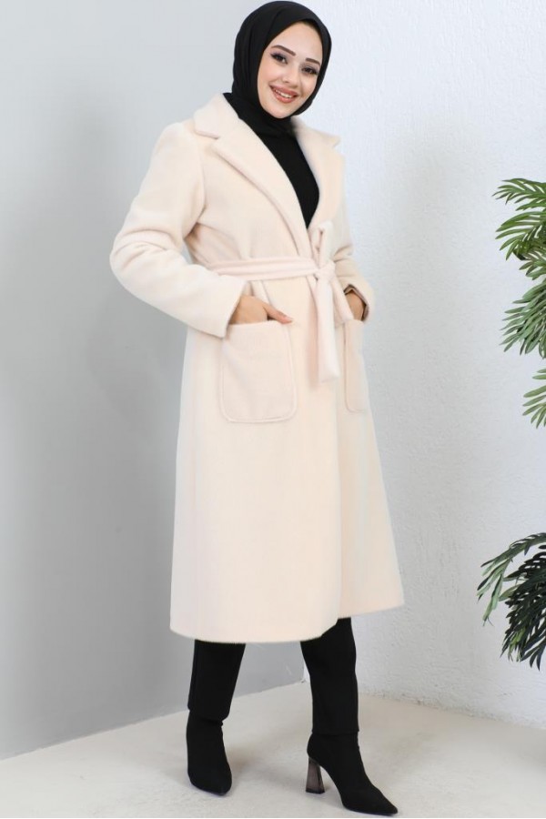 Beli Kuşaklı Kürk Kaban Pudra 1069 Beli Kuşaklı Kürk Kaban Pudra 1069