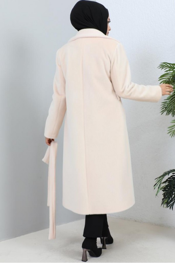 Beli Kuşaklı Kürk Kaban Pudra 1069 Beli Kuşaklı Kürk Kaban Pudra 1069