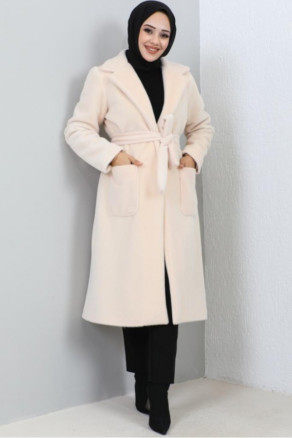 Beli Kuşaklı Kürk Kaban Pudra 1069 Beli Kuşaklı Kürk Kaban Pudra 1069
