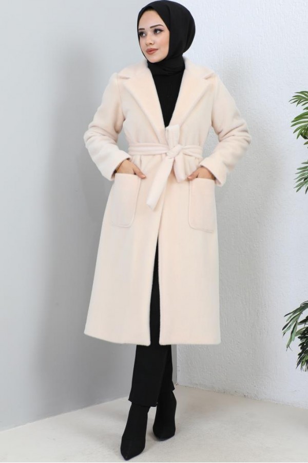 Beli Kuşaklı Kürk Kaban Pudra 1069 Beli Kuşaklı Kürk Kaban Pudra 1069