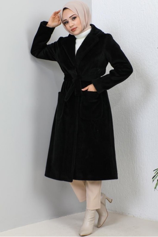 Beli Kuşaklı Kürk Kaban Siyah 1069 Beli Kuşaklı Kürk Kaban Siyah 1069