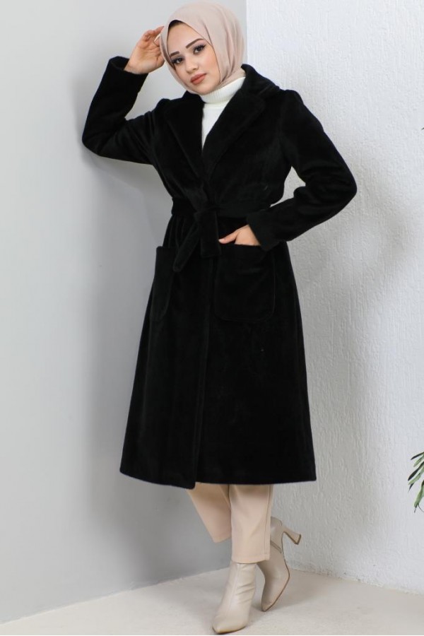 Beli Kuşaklı Kürk Kaban Siyah 1069 Beli Kuşaklı Kürk Kaban Siyah 1069