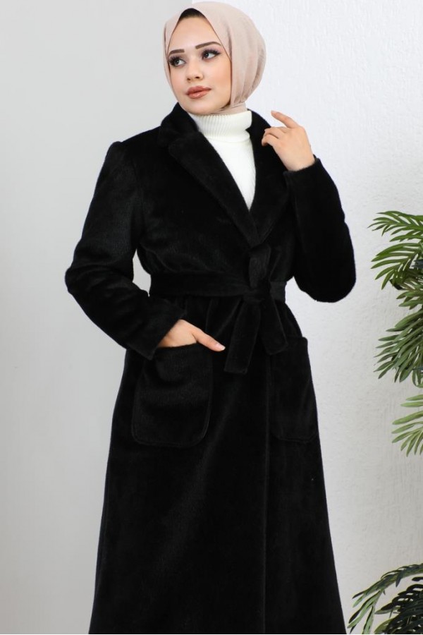 Beli Kuşaklı Kürk Kaban Siyah 1069 Beli Kuşaklı Kürk Kaban Siyah 1069