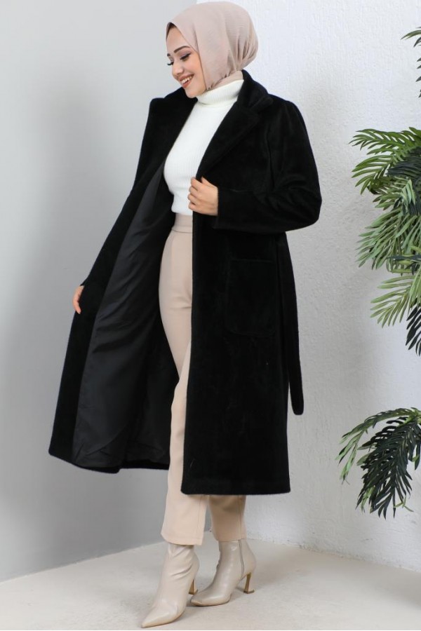 Beli Kuşaklı Kürk Kaban Siyah 1069 Beli Kuşaklı Kürk Kaban Siyah 1069