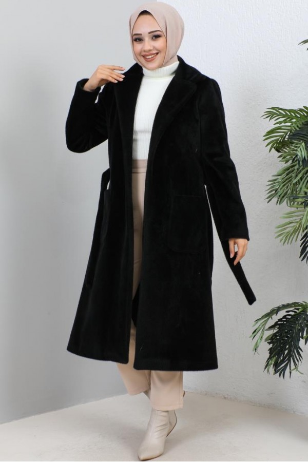 Beli Kuşaklı Kürk Kaban Siyah 1069 Beli Kuşaklı Kürk Kaban Siyah 1069