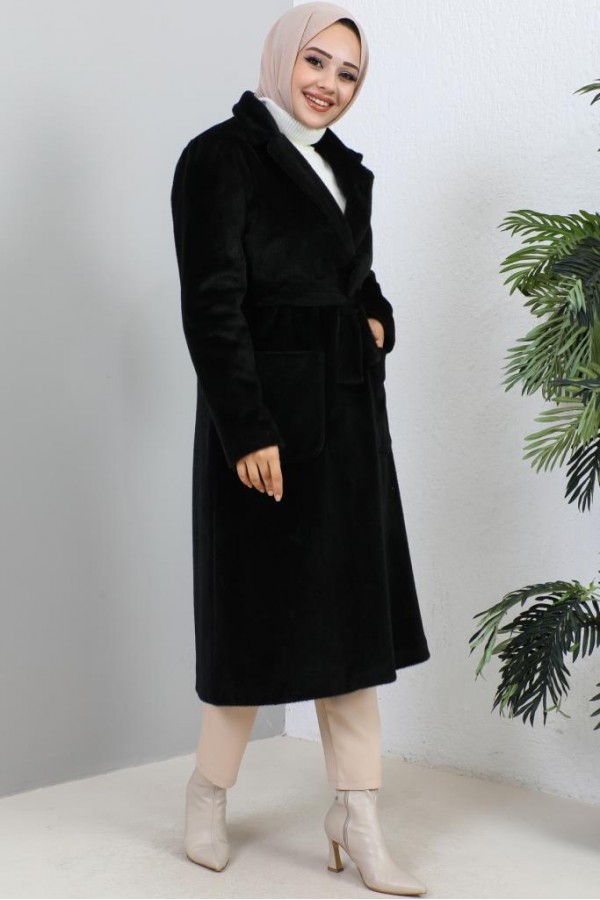 Beli Kuşaklı Kürk Kaban Siyah 1069 Beli Kuşaklı Kürk Kaban Siyah 1069