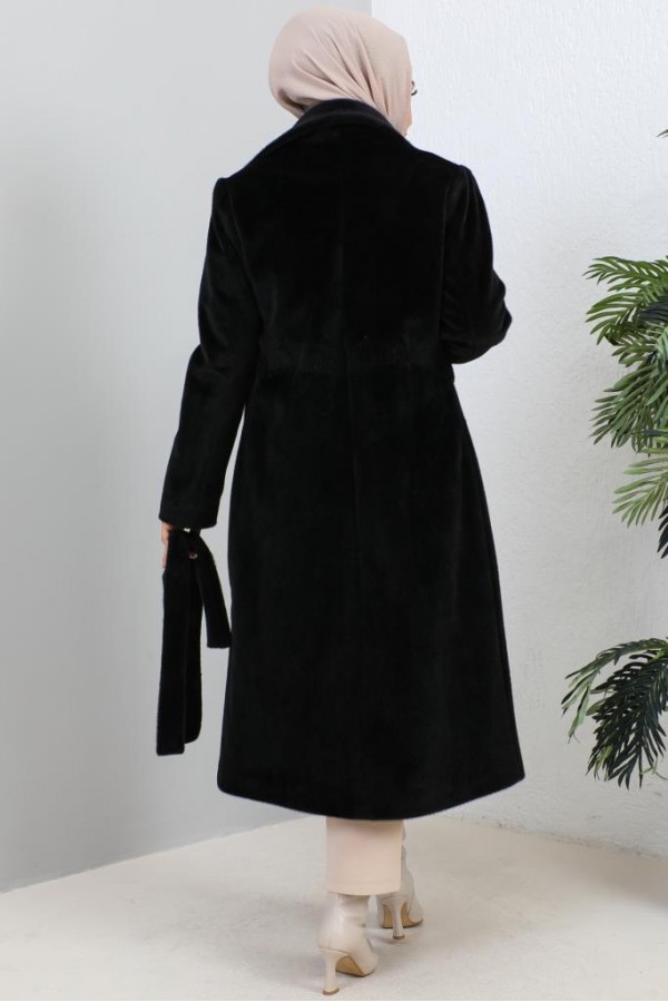 Beli Kuşaklı Kürk Kaban Siyah 1069 Beli Kuşaklı Kürk Kaban Siyah 1069