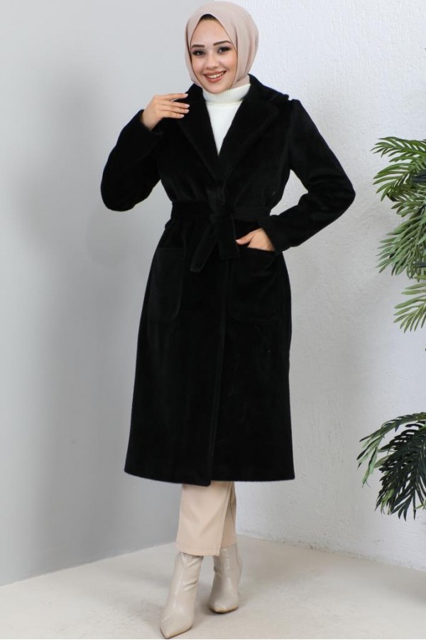 Beli Kuşaklı Kürk Kaban Siyah 1069 Beli Kuşaklı Kürk Kaban Siyah 1069