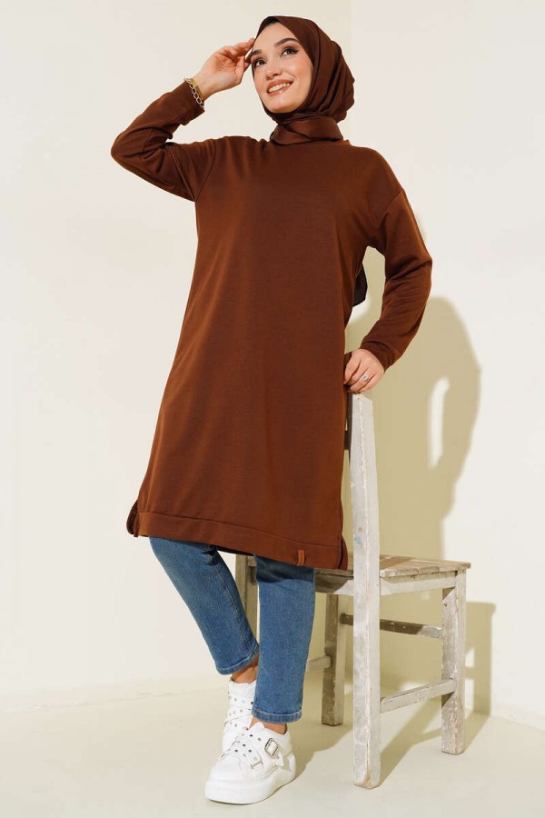 Yanları Yırtmaçlı Basic Uzun Tunik Kahverengi 1983 Yanları Yırtmaçlı Basic Uzun Tunik Kahverengi 1983