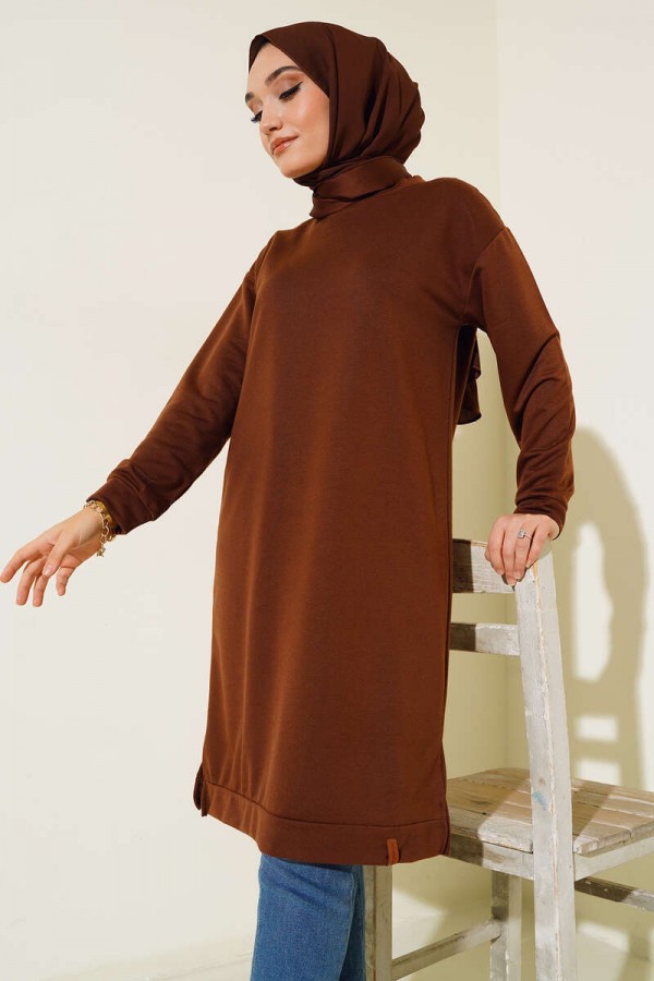 Yanları Yırtmaçlı Basic Uzun Tunik Kahverengi 1983 Yanları Yırtmaçlı Basic Uzun Tunik Kahverengi 1983