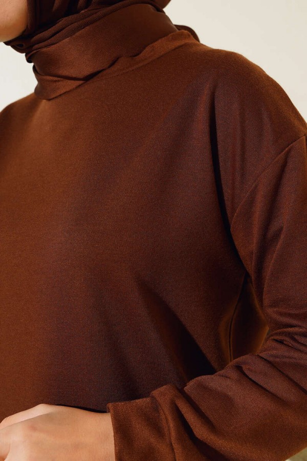 Yanları Yırtmaçlı Basic Uzun Tunik Kahverengi 1983 Yanları Yırtmaçlı Basic Uzun Tunik Kahverengi 1983
