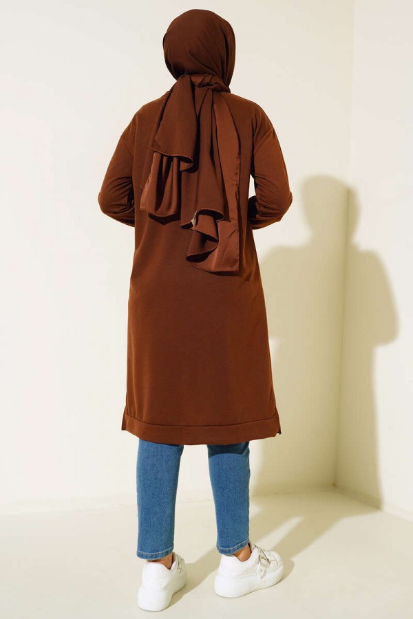 Yanları Yırtmaçlı Basic Uzun Tunik Kahverengi 1983 Yanları Yırtmaçlı Basic Uzun Tunik Kahverengi 1983