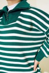 11020-03 Yakası Fermuarlı Çizgili Triko Tunik Zümrüt Yeşili
