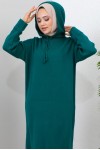 2442 Kapüşonlu Triko Elbise Zümrüt Yeşili
