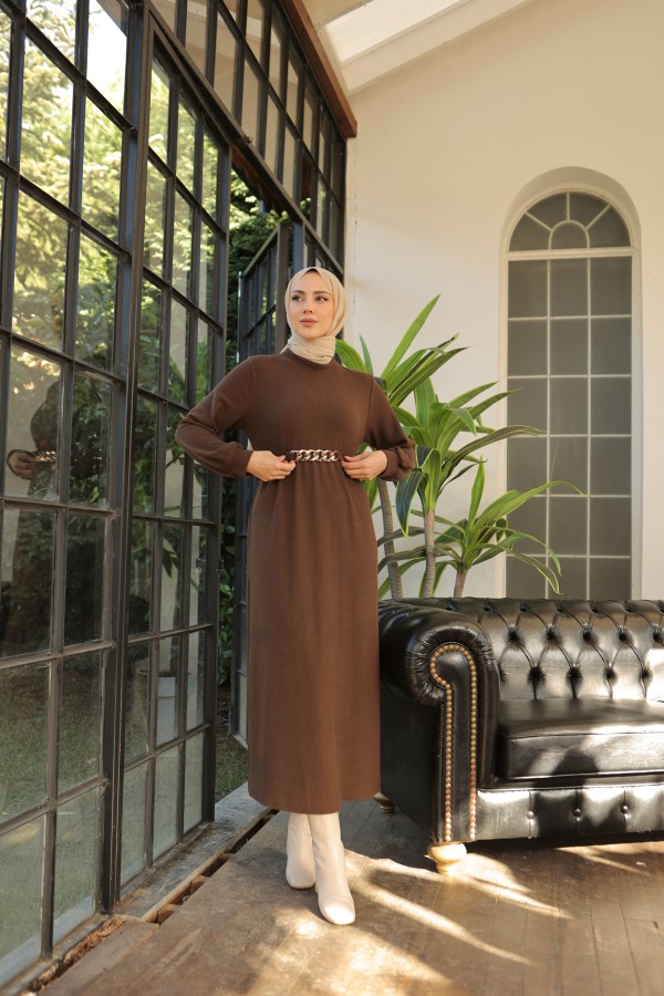 Tokalı Kuşaklı Elbise Kahverengi 3831 Tokalı Kuşaklı Elbise Kahverengi 3831