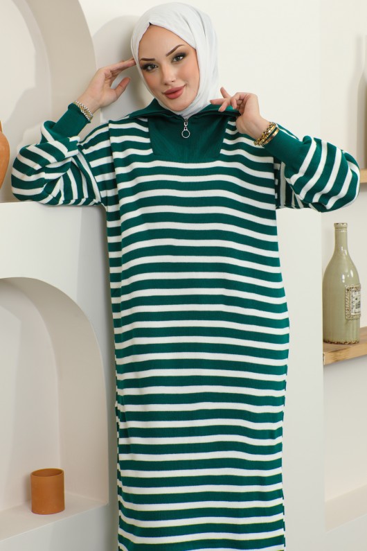 11027 Yaka Fermuarlı Çizgili Triko Elbise Zümrüt Yeşili