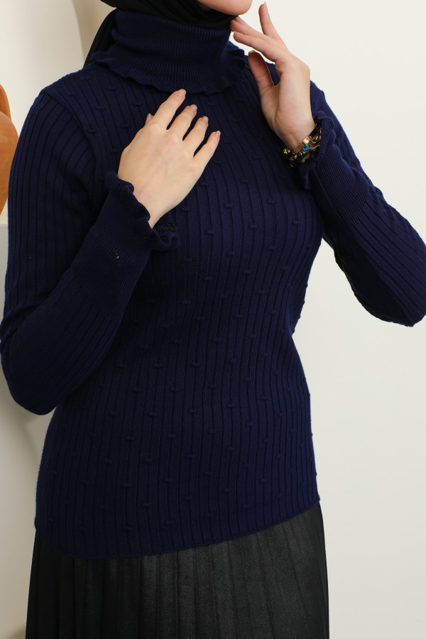 Boğazı Ve Kolu Fırfırlı Balıkçı Yaka Triko Bady Lacivert 5016 Boğazı Ve Kolu Fırfırlı Balıkçı Yaka Triko Bady Lacivert 5016