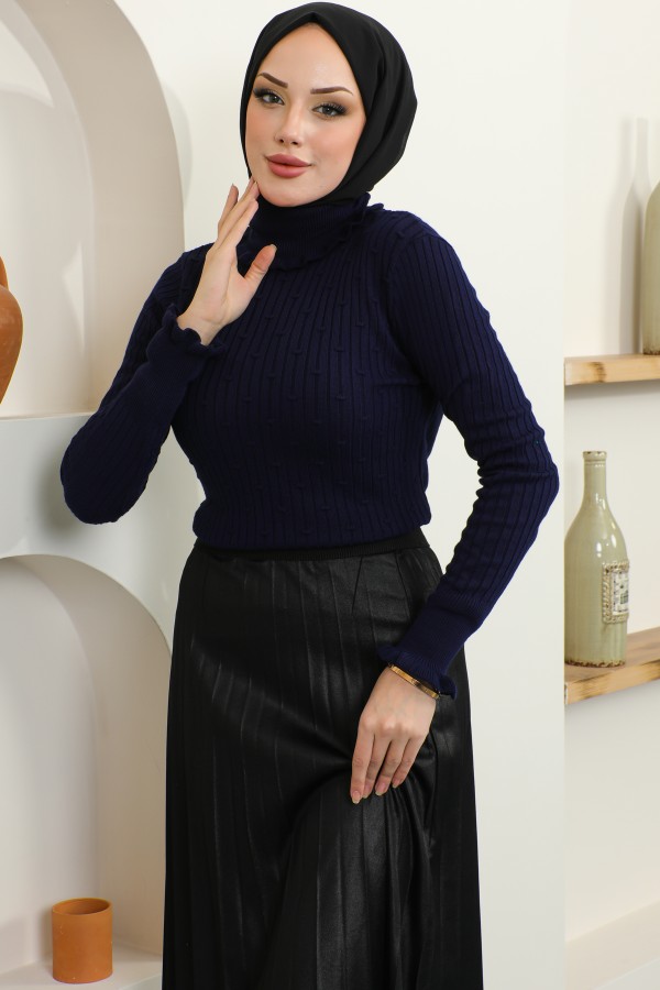 Boğazı Ve Kolu Fırfırlı Balıkçı Yaka Triko Bady Lacivert 5016 Boğazı Ve Kolu Fırfırlı Balıkçı Yaka Triko Bady Lacivert 5016