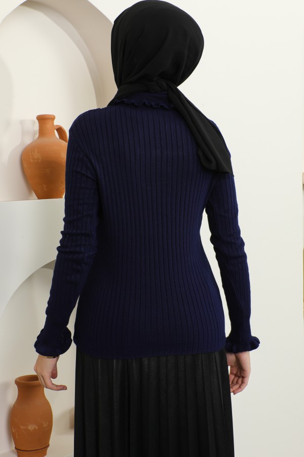 Boğazı Ve Kolu Fırfırlı Balıkçı Yaka Triko Bady Lacivert 5016 Boğazı Ve Kolu Fırfırlı Balıkçı Yaka Triko Bady Lacivert 5016