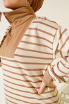  Yaka Fermuarlı Çizgili Elbise Bej 3539