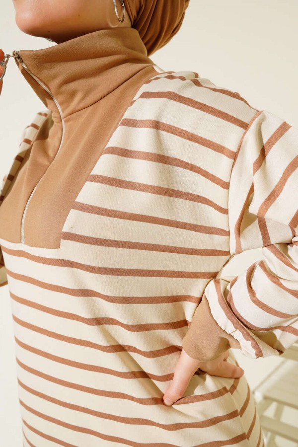 Yaka Fermuarlı Çizgili Elbise Bej 3539