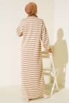  Yaka Fermuarlı Çizgili Elbise Bej 3539