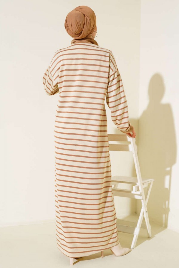  Yaka Fermuarlı Çizgili Elbise Bej 3539