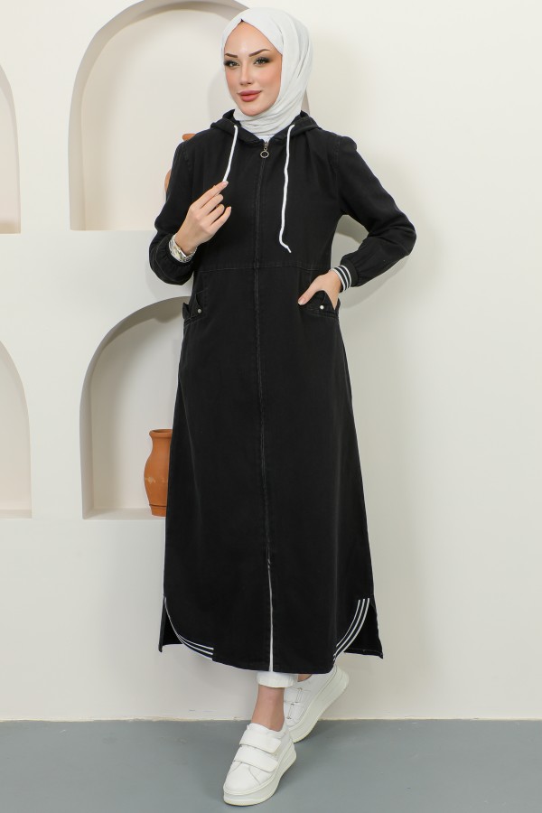 Cep Detaylı Kapüşonlu Kot Kap Siyah 7812 Cep Detaylı Kapüşonlu Kot Kap Siyah 7812