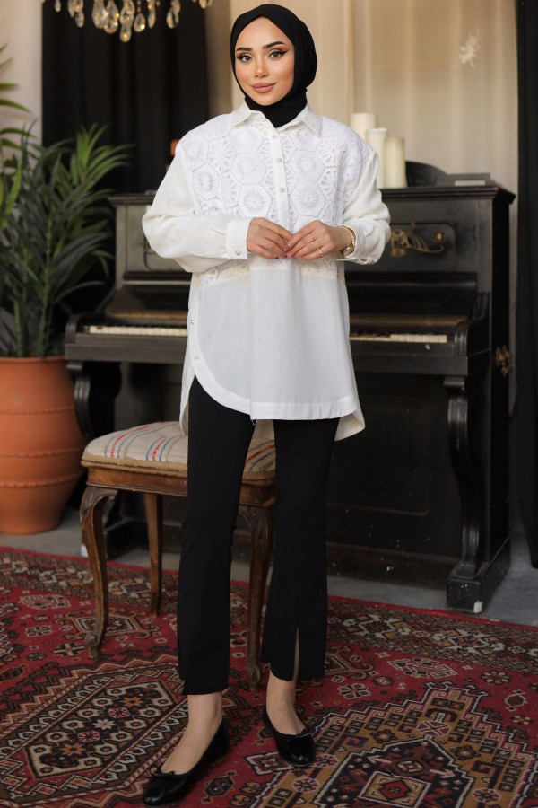 Desenli İnci Düğmeli Gömlek Beyaz 61640 Desenli İnci Düğmeli Gömlek Beyaz 61640