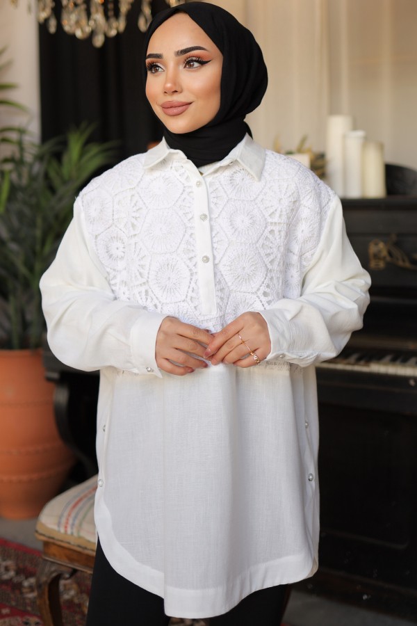 Desenli İnci Düğmeli Gömlek Beyaz 61640 Desenli İnci Düğmeli Gömlek Beyaz 61640