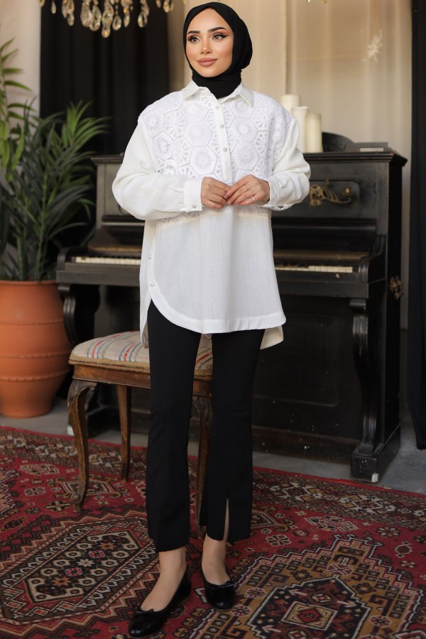 Desenli İnci Düğmeli Gömlek Beyaz 61640 Desenli İnci Düğmeli Gömlek Beyaz 61640