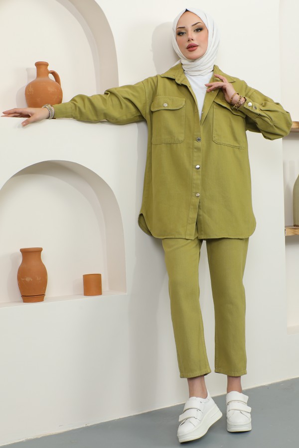 Ceket Pantolon Tesettür İkili Kot Takım Yağ Yeşili 8175 Ceket Pantolon Tesettür İkili Kot Takım Yağ Yeşili 8175